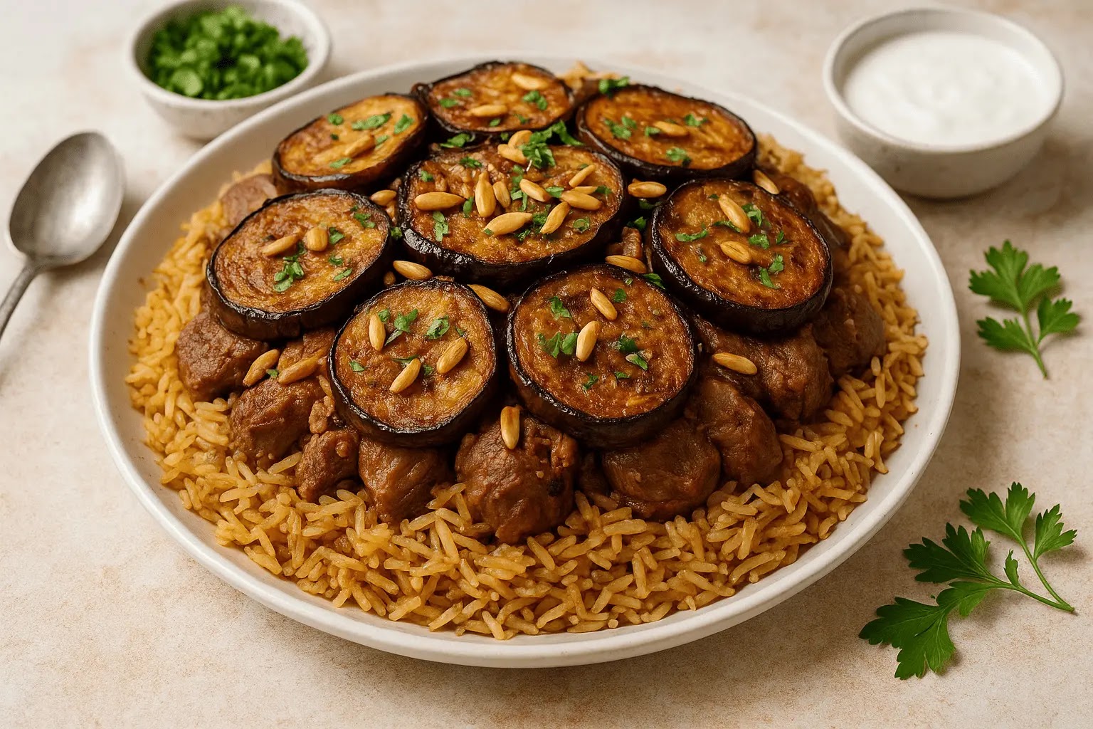 🍆🍚 المقلوبة بالباذنجان — الطبق الشرقي الأشهر