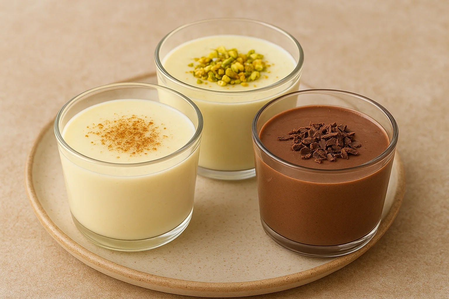 🥛🍮 المهلبية (بودينغ الحليب) بنكهات متعددة – الفانيلا، المستكة، الشوكولاتة