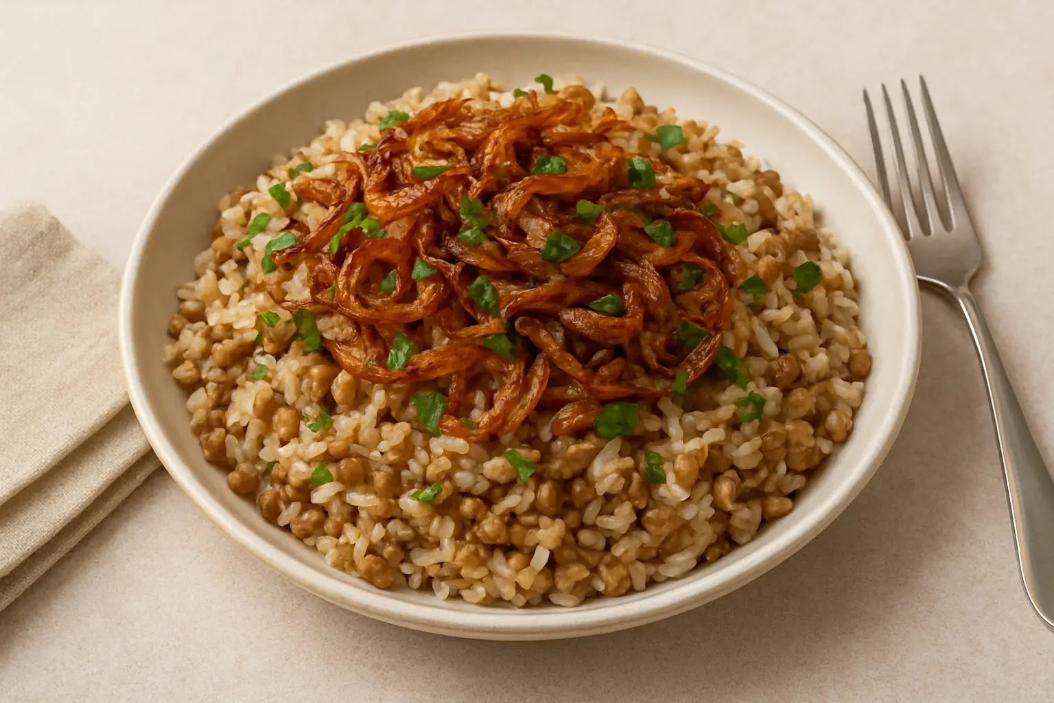 🍛🌾 المجدّرة بالعدس والأرز – طبق تراثي غني ومشبع: أيقونة المطبخ النباتي
