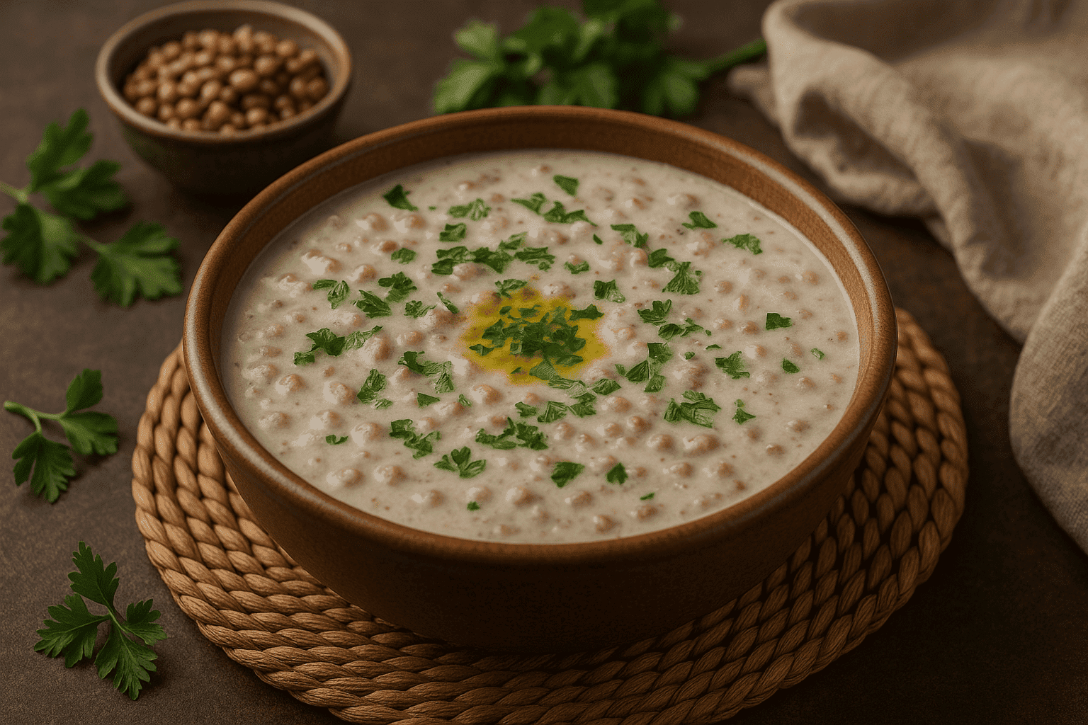 🥣 الرشوف الفلسطيني – حساء الشتاء الدافئ بنكهة اللبن والبرغل