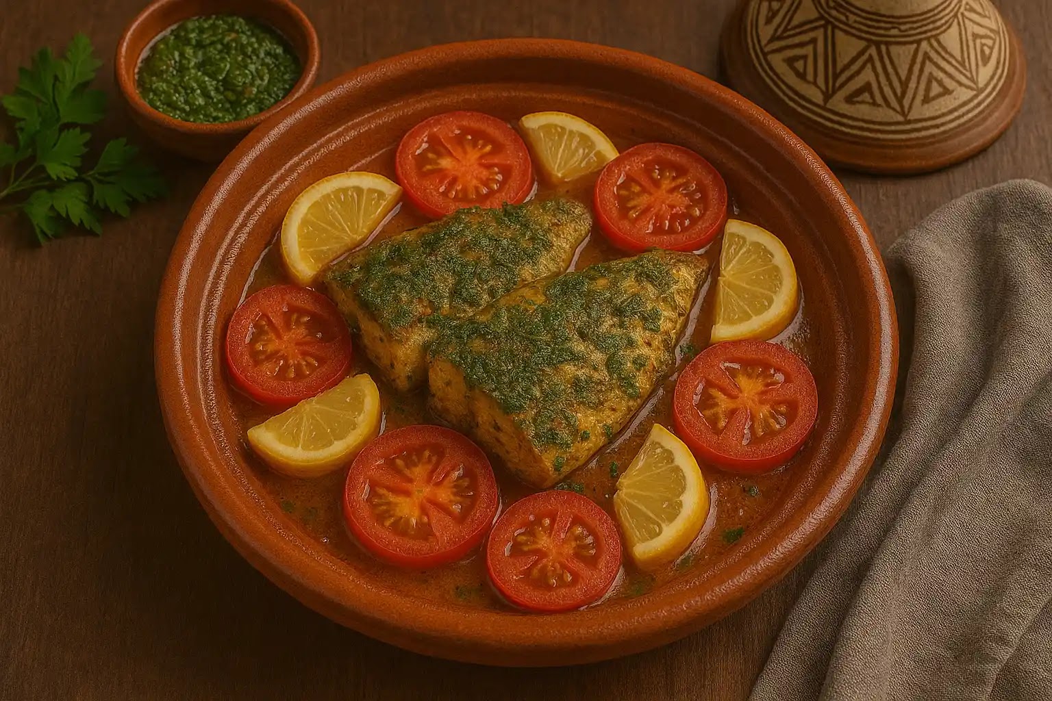 🐟🍋🌿 طاجن السمك المغربي بالشرمولة – نكهة شمال إفريقيا بالليمون المخلل