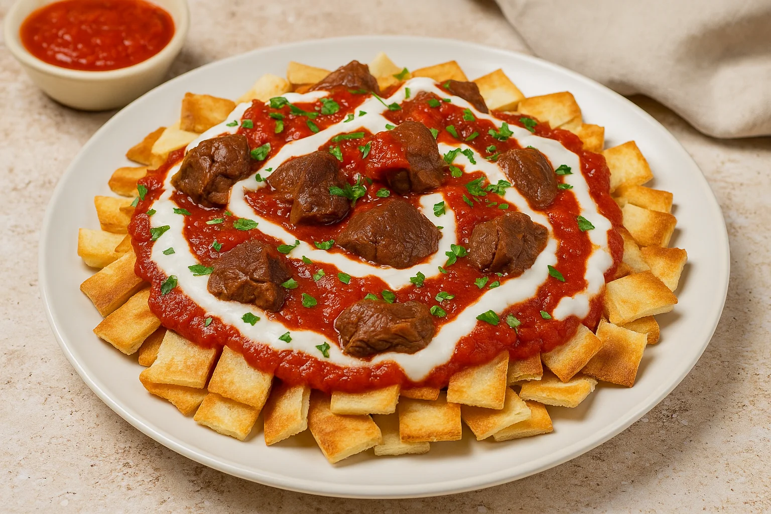 🍖🥘🇪🇬 الفتّة المصرية باللحم – طعم الخبز المحمّر والدقة الحمراء في طبق واحد