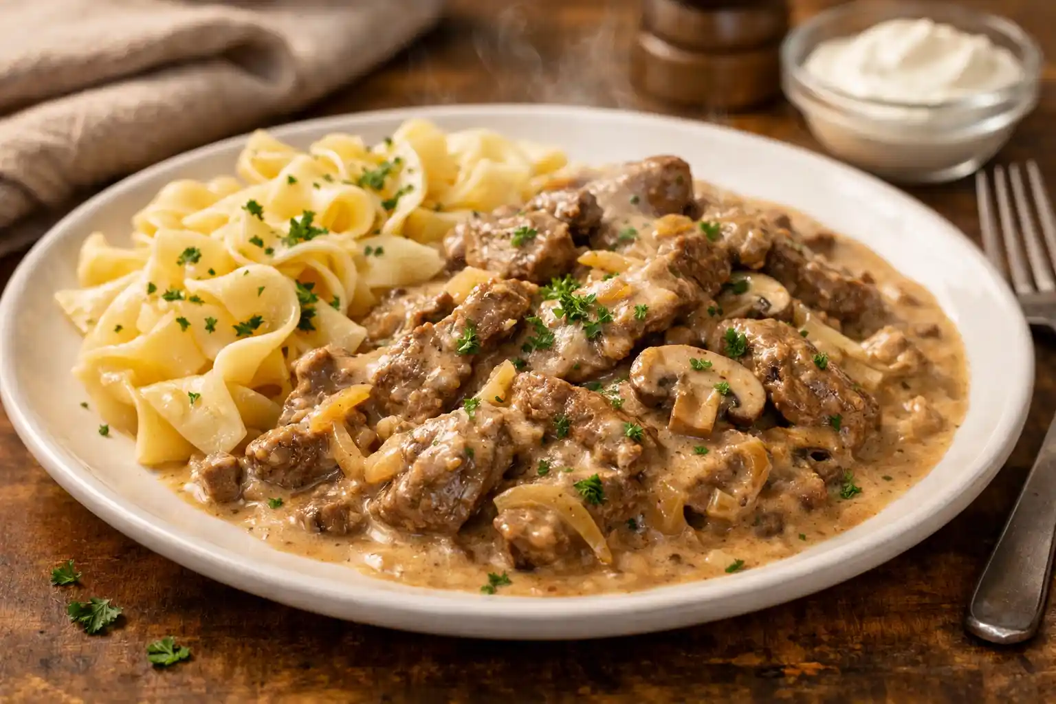 بيف ستروغانوف الروسي – لحم بقري بصلصة كريمية متوازنة