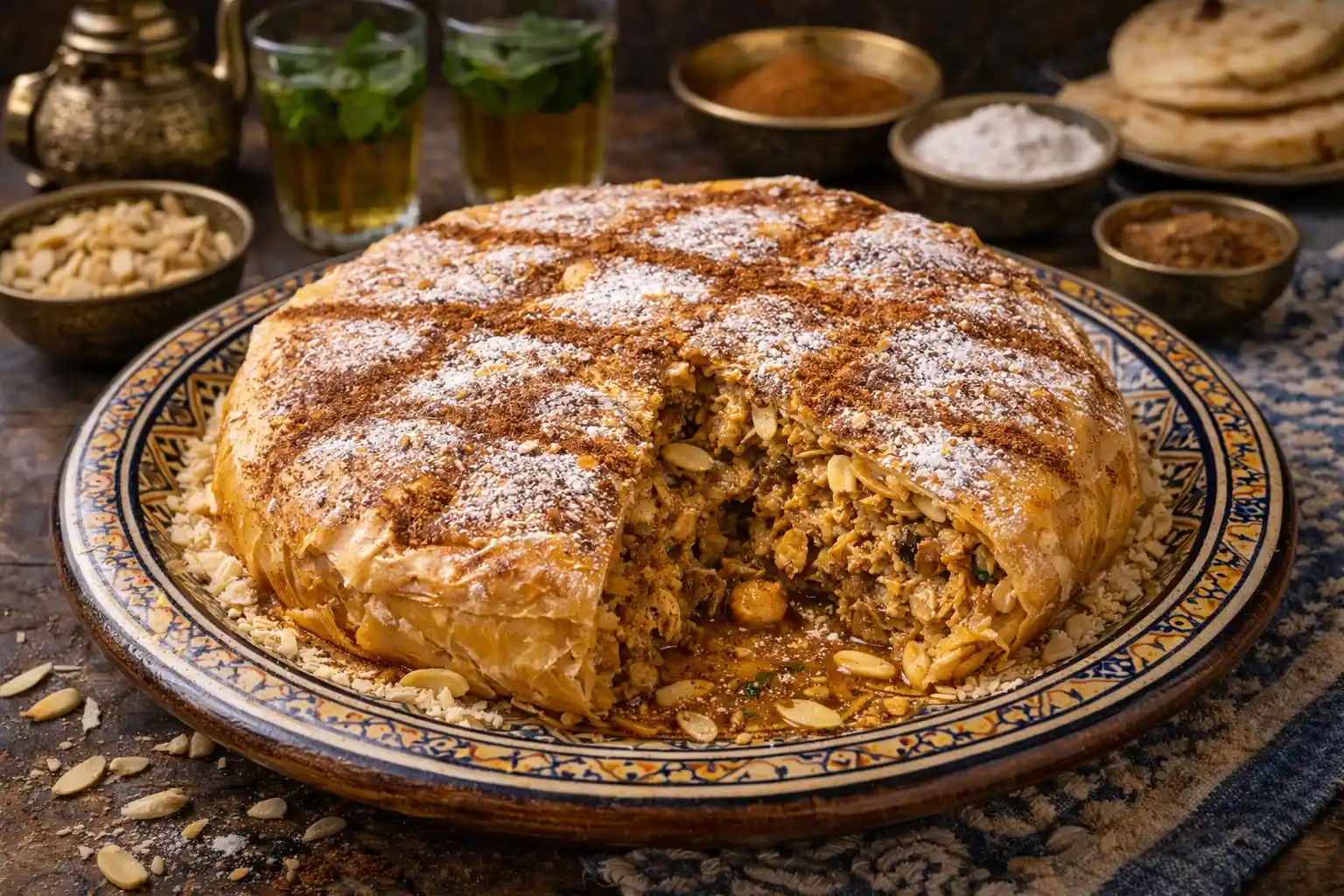 🇲🇦 البسطيلة المغربية بالدجاج – مزيج فريد بين الحلو والمالح في المطبخ المغربي