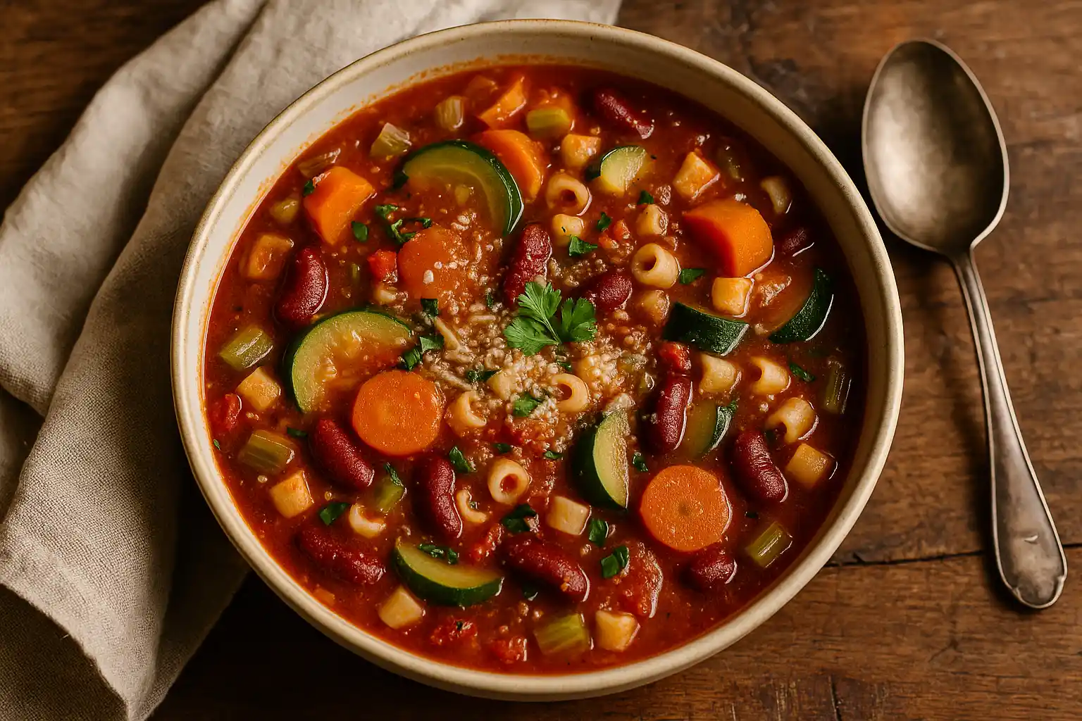 🍲 شوربة مينستروني (Minestrone) – وجبة إيطالية متكاملة غنيّة بالخضار والنكهات