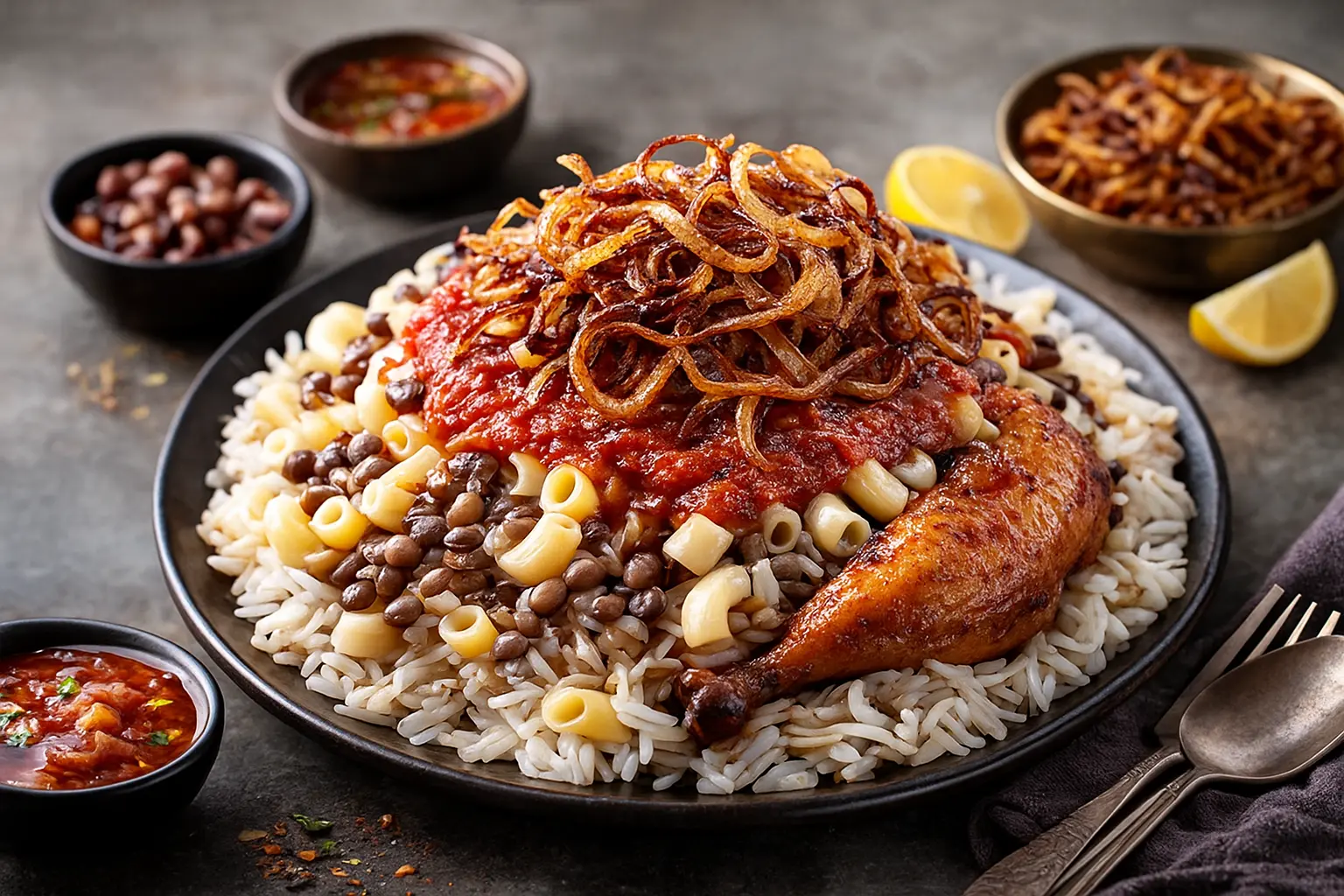 🍲 الكشري المصري الأصلي – سرّ الدقة والبصل المقرمش