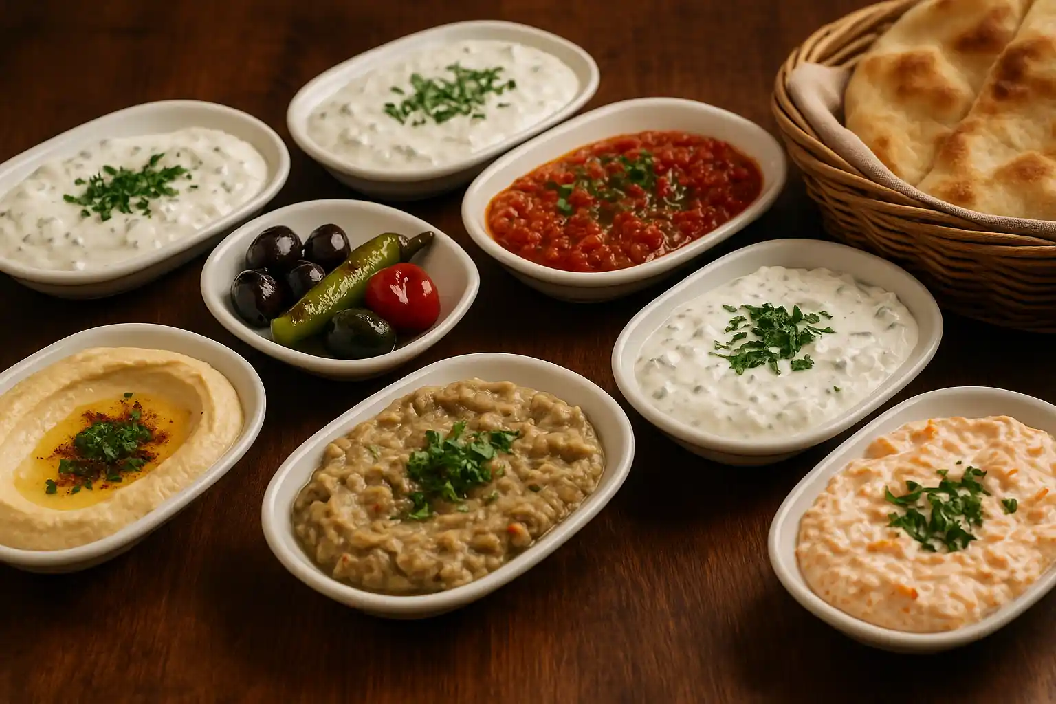 🥗 مقبلات المزة التركية (Meze) – تنوّع غني ونكهات متوسطية أصيلة على المائدة التركية