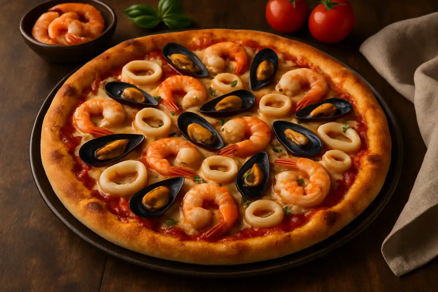 🦐 بيتزا البحر الإيطالية – مزيج فاخر من المأكولات البحرية وصوص الطماطم الغني