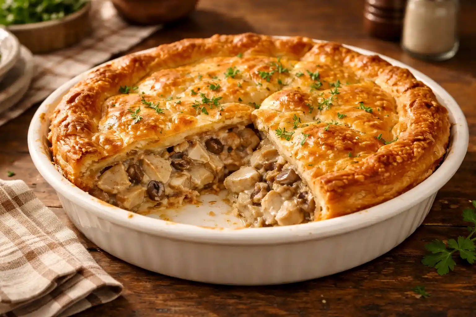 طريقة عمل فطيرة الدجاج والفطر الإنجليزية (Chicken and Mushroom Pie) الأصلية