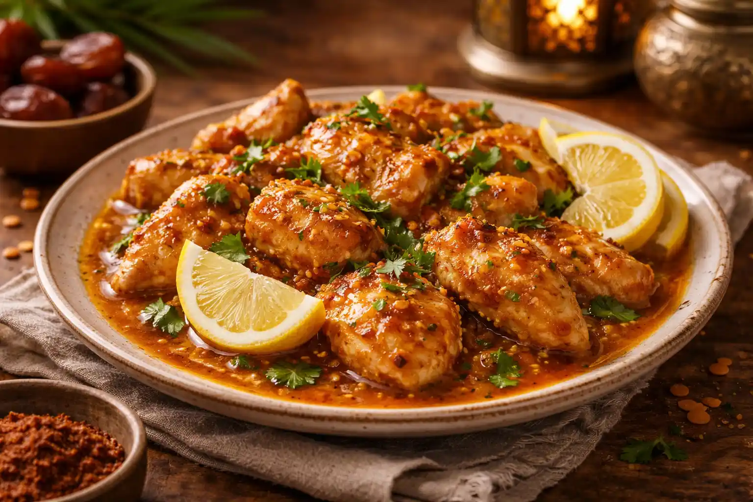 🍗 دجاج بالصلصة الحارة والليمون… نكهة رمضانية على السفرة الخليجية