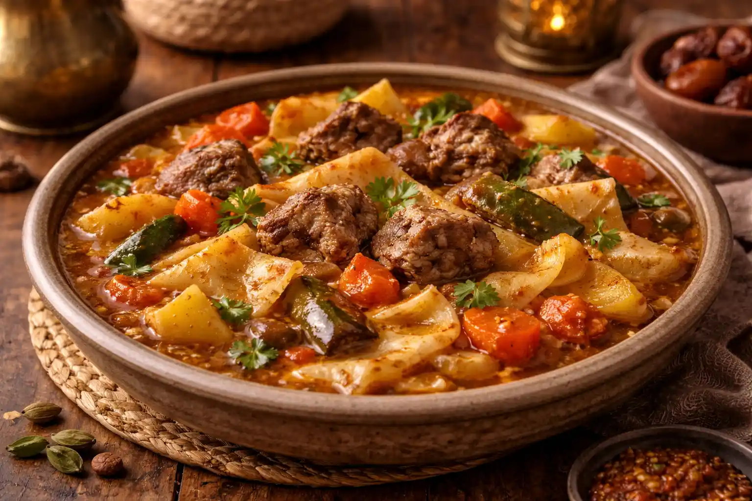 🥘🇶🇦 الثريد القطري – خبز الرقاق بمرق اللحم والخضار