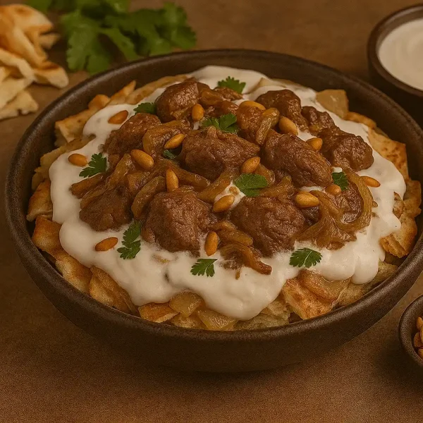 🥘🍖 فتة اللحم بالبصل واللبن – طبق شرقي فاخر يجمع بين الدسم والنكهة الأصيلة